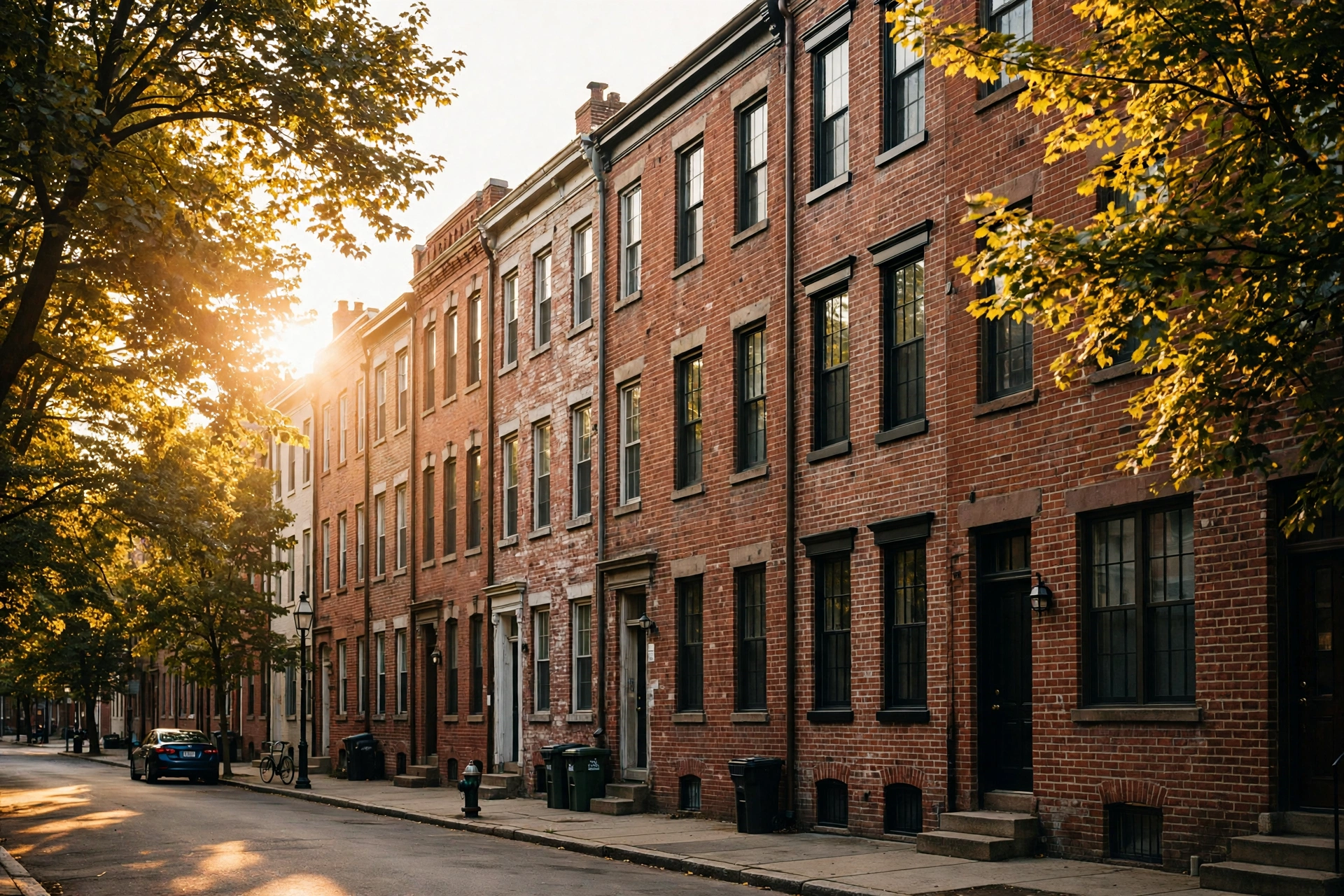 Philadelphia brick rowhomes at golden hour